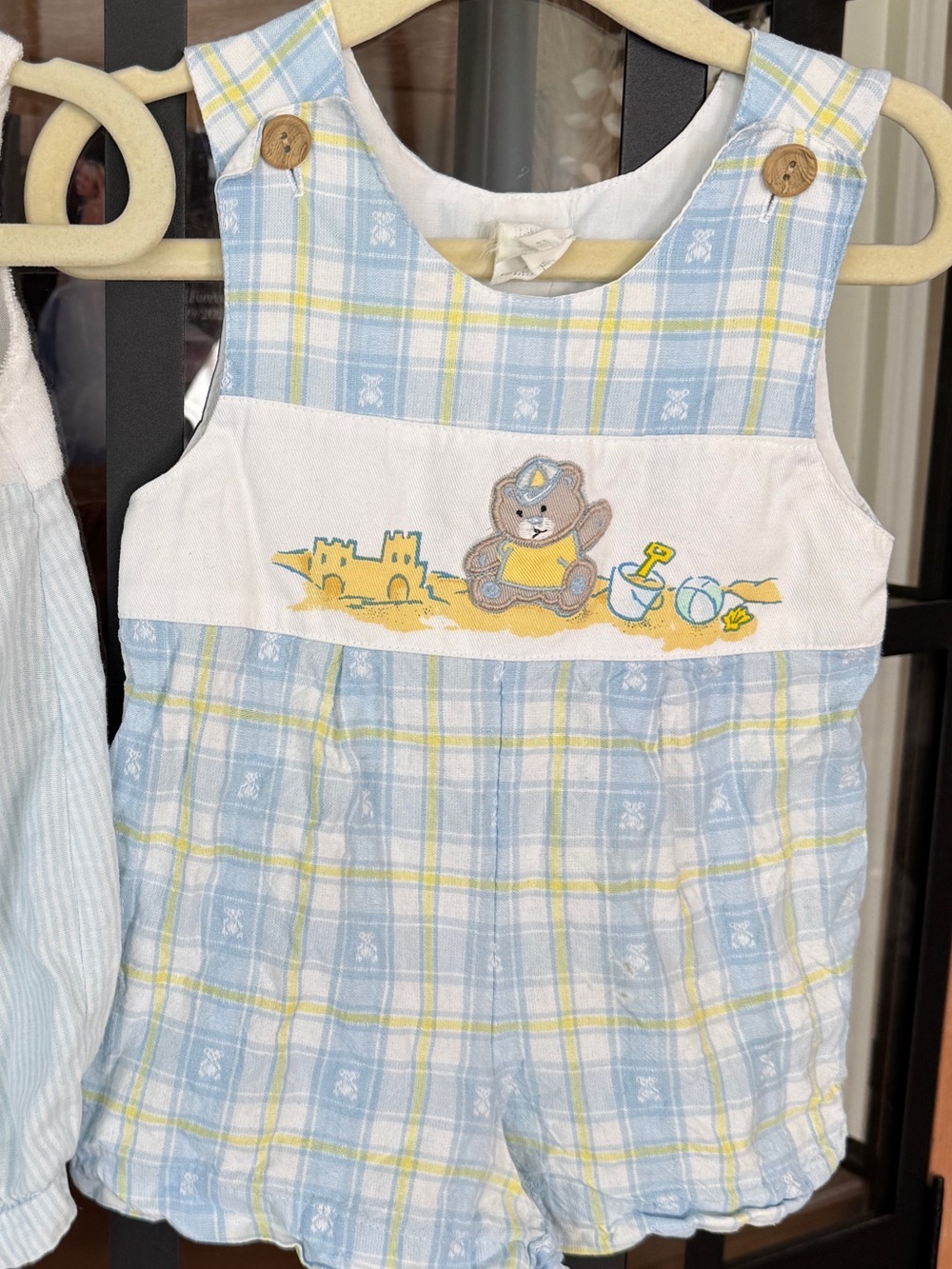 Vintage 1997 Teddy bear embroidered romper overalls shortall jon jon beach baby